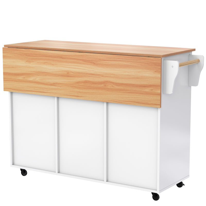 129x46(71)x91,5 cm großer Speisewagen/Sideboard, Arbeitsplatte mit Massivholzmaserung + Weiß Schrank/faltbare Arbeitsplatte/Aufbewahrungstür-Design/Räder/Massivholzfüße umschaltbar/für Zuhause geeig