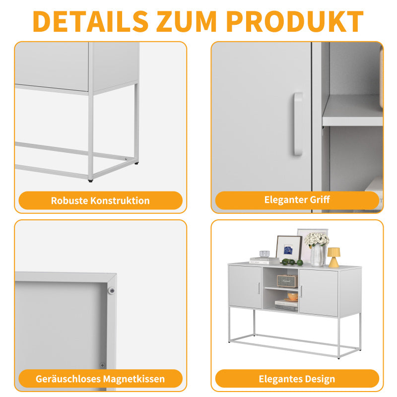 Weißer Metall-Akzent-Schrank, Sideboard-Buffet und Aufbewahrungs-Schrank-Safe, Robuster Metallbau mit stilvollem Weiß,  H 75 cm × B 120 cm × T 40 cm