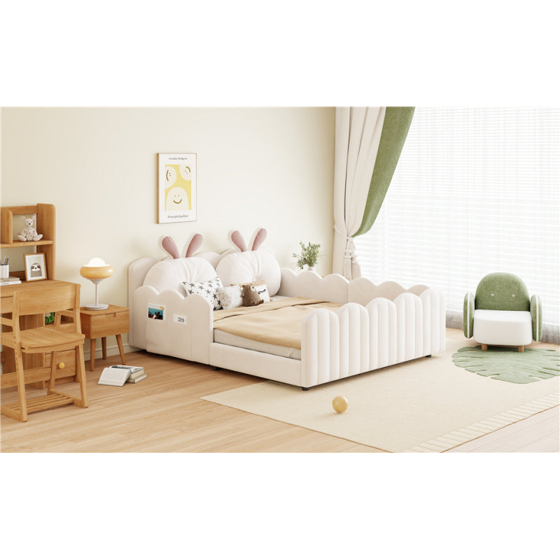 140x200 Gepolstertes Plattformbett mit Kissen in Kaninchenform, Beige
