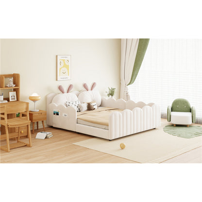 140x200 Gepolstertes Plattformbett mit Kissen in Kaninchenform, Beige
