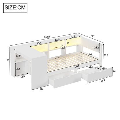 90x200 Holz-Plattformbett mit Ablageflächen, Schubladen, Ladestation und gepolstertem Kopfteil, Mit bunten LED-Leuchten, Weiß