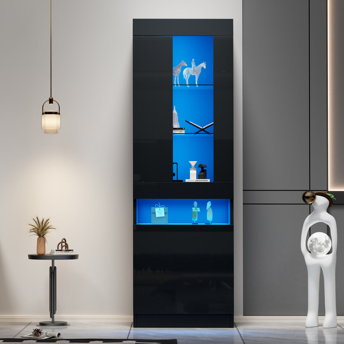 Vitrine Schwarz Hochglanz, LED-Beleuchtung, 180 cm, Glaskantenbeleuchtung