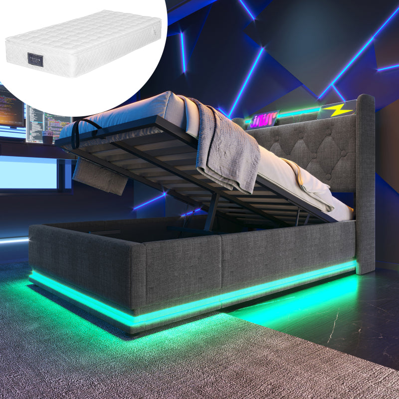 Polsterbett einzelbett,360-Surround-LED-Funktion, Drucktaste/App/Fernbedienung,90*200 cm, Grau Leinen-Material Hydraulisches Lagerbett, gepolstertes Kopfteil mit USB Typ-C Ladefunktion (Mit Matratze)