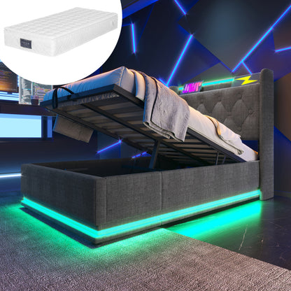 Polsterbett einzelbett,360-Surround-LED-Funktion, Drucktaste/App/Fernbedienung,90*200 cm, Grau Leinen-Material Hydraulisches Lagerbett, gepolstertes Kopfteil mit USB Typ-C Ladefunktion (Mit Matratze)