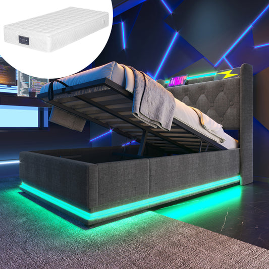 Polsterbett einzelbett,360-Surround-LED-Funktion, Drucktaste/App/Fernbedienung,90*200 cm, Grau Leinen-Material Hydraulisches Lagerbett, gepolstertes Kopfteil mit USB Typ-C Ladefunktion (Mit Matratze)