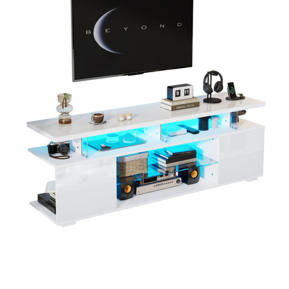 Moderner Low-Panel-Hochglanz-TV-Ständer mit LED-Beleuchtung, TV-Panel, TV-Glasschrank für 60-Zoll-Fernseher, Tische, universelle Gaming-Medienständer, Stauschränke und große Stauräume, Reinweiß