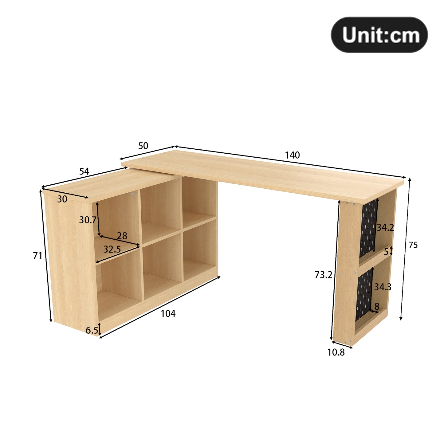 Multifunktionaler Bürotisch, Sechsfach-Lagerschrank + Ablage, super belastbar, veränderbare Form, Natural