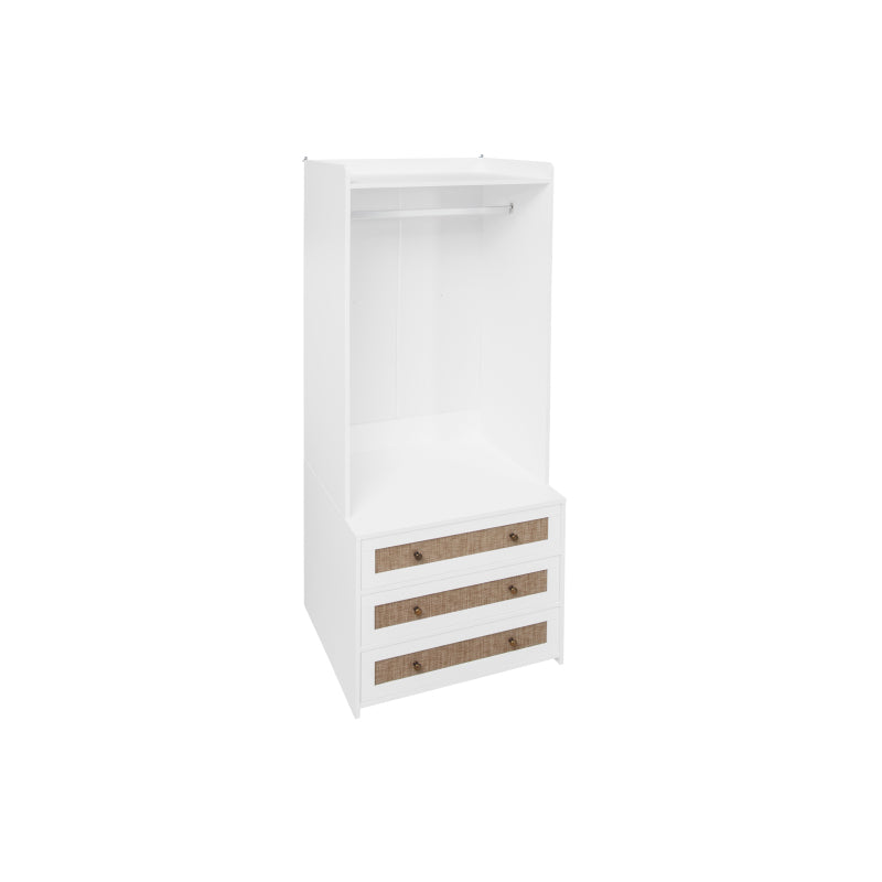 Weißer Kleiderschrank mit drei Schubladen – Garderobe mit Stauraumregal im Boho-Stil – Höhe 180 cm – ideal für Flur, Wohnzimmer, Schlafzimmer, Arbeitszimmer oder Büro.Maße:70*48*180cm