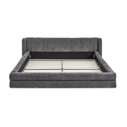 Doppelbett 160×200cm, Chenillestoff, komfortable Rückenlehne, robustes Eukalyptus- und Eisengestell, einfach zu montieren, Dark Gray (ohne Matratze)