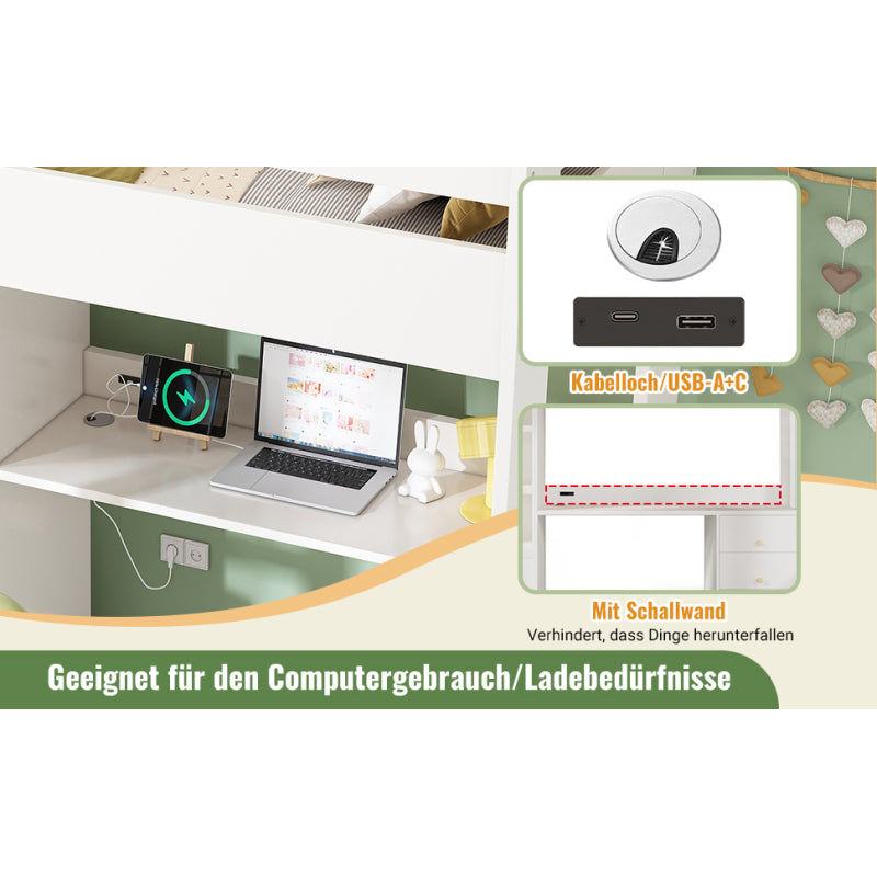 Kinderbett Hochbett mit USB-C Schreibtisch, Kleiderschrank und Aktenschrank, Jugendbett  Einzelbett mit Treppe und Lattenrost, Stauraum,90×200, Ohne Matratze