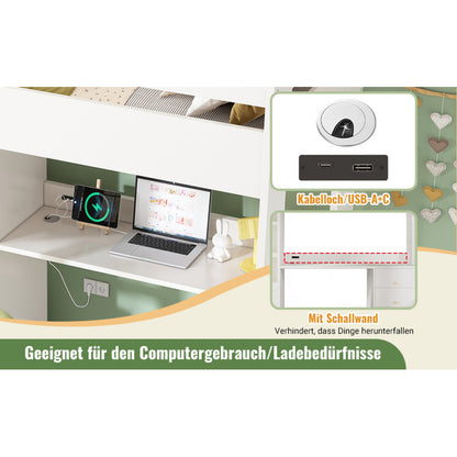 Kinderbett Hochbett mit USB-C Schreibtisch, Kleiderschrank und Aktenschrank, Jugendbett  Einzelbett mit Treppe und Lattenrost, Stauraum,90×200, Ohne Matratze