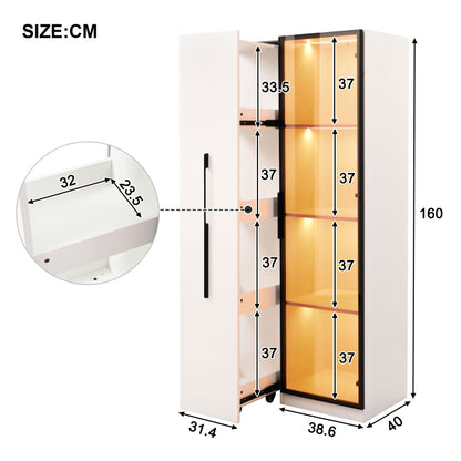 Multifunktionsschrank 160 cm hoch – Bücherregal und Vitrine mit Türen aus gehärtetem Glas, Türrahmen aus Aluminium, 1 Tür, 1 seitliche Schublade, mit Rollen und LED-Beleuchtung – Vitrine, Esszimmersch