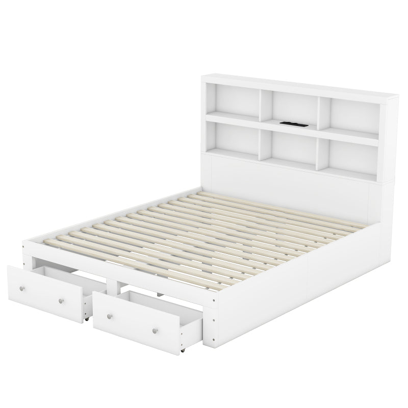 160*200cm Doppelbett, Kingsize-Plattformbett mit zwei Schubladen am Fußende des Bettes, Kopfteil mit Stauraum, Weiß