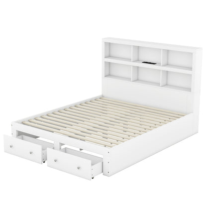 160*200cm Doppelbett, Kingsize-Plattformbett mit zwei Schubladen am Fußende des Bettes, Kopfteil mit Stauraum, Weiß