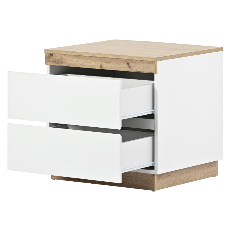 Nachttisch, Nachtschrank mit zwei Schubladen, Nachtkommode, Funktion von Aufbewahrung, für Schlafzimmer, E1-Spanplatte, weiß+oak
