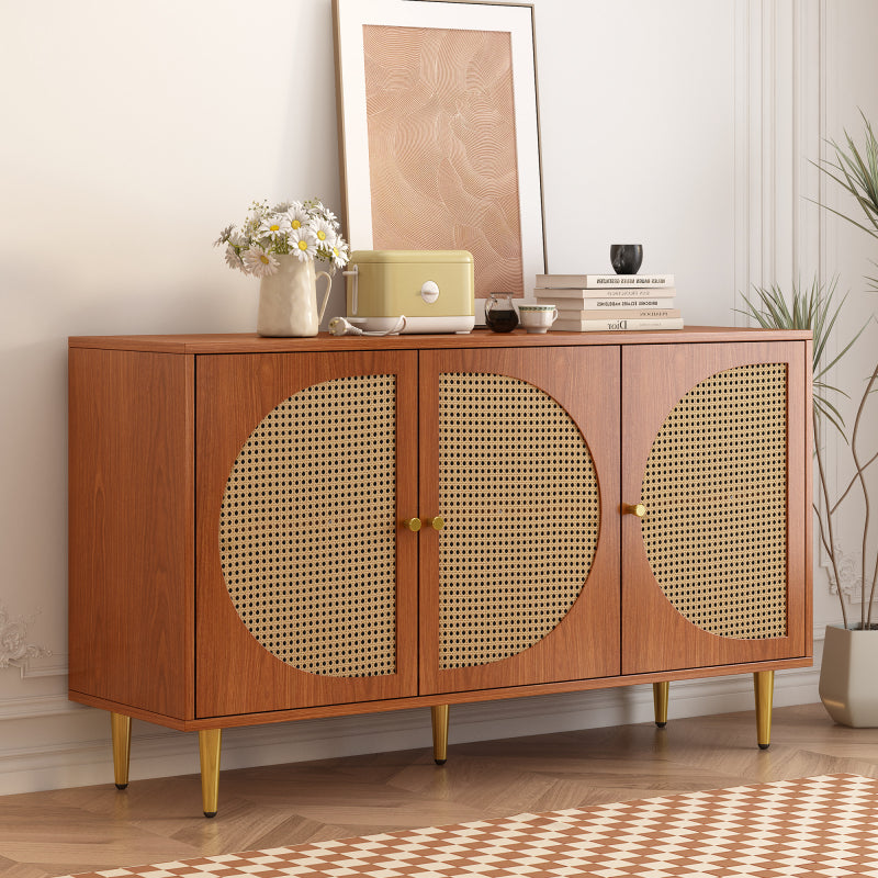 Sideboard mit 3 Rattan verzierten Türen Kommode Highboard mit Metallgriffe, für Schlafzimmer & Wohnräume & Büro, Nussbaum 129.8x 40x 76cm