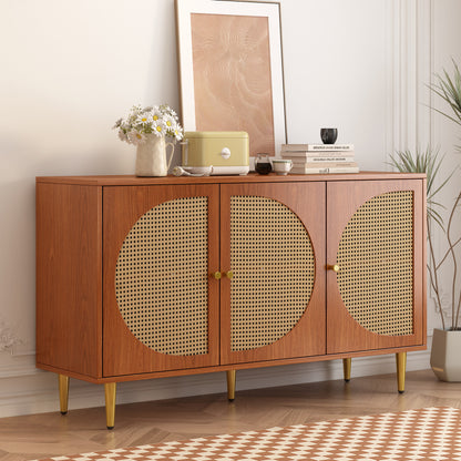 Sideboard mit 3 Rattan verzierten Türen Kommode Highboard mit Metallgriffe, für Schlafzimmer & Wohnräume & Büro, Nussbaum 129.8x 40x 76cm