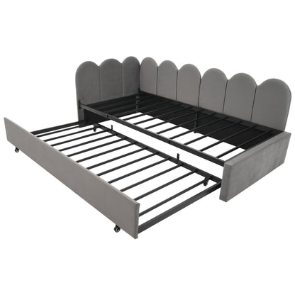 Polsterbett Daybett 90x200cm,Tagesbett Schlafsofa Kinderbett mit Ausziehbett 90x190cm und Lattenrost, Samt, Grau, ohne Matratze