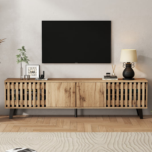 180 x 40 x 55 cm TV-Schrank, Lowboards  in Originalholzfarbe, 8 separate Ablagefächer, TV-Ständer, TV-Konsolen-Entertainment-Center passend für 70-Zoll-Fernseher, geeignet für Wohnzimmer