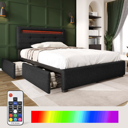 Polsterbett 90x200 cm Schwarz mit LED & 2 Schubladen - Einzelbett inkl. Lattenrost, Verstellbares Kopfteil & Stauraum (Ohne Matratze)