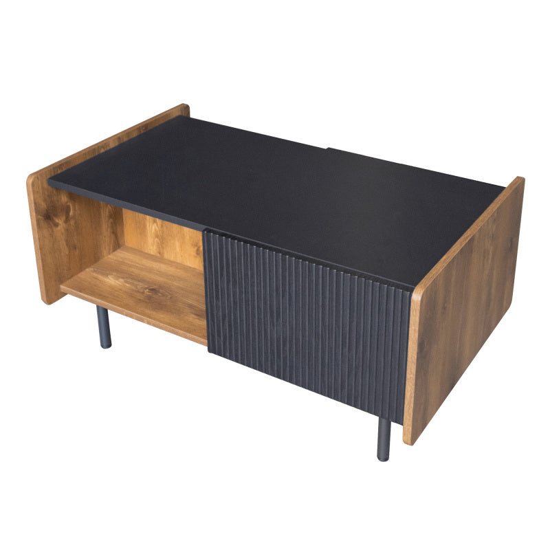 90 cm Schwarze und Holzfarbene Couchtisch – Moderner Stil, Zwei Offene Fächer und Zwei Türen, Dämpfende Scharniere