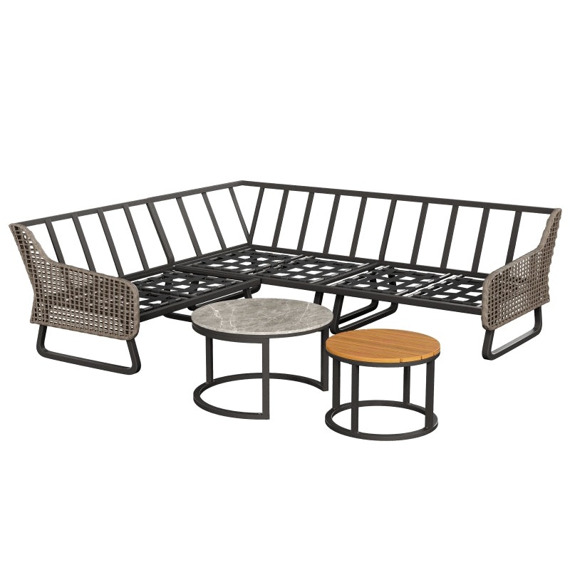 Gartenmöbel-Set für 6-7 Personen, Outdoor-Lounge-Set, Rattan-Handwerk, mit zwei Tischen, mit verzinktem Eisengestell, verstellbare Beine, inklusive aller Sitz- und Rückenkissen, grau