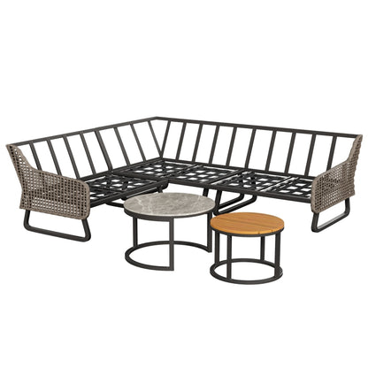 Gartenmöbel-Set für 6-7 Personen, Outdoor-Lounge-Set, Rattan-Handwerk, mit zwei Tischen, mit verzinktem Eisengestell, verstellbare Beine, inklusive aller Sitz- und Rückenkissen, grau