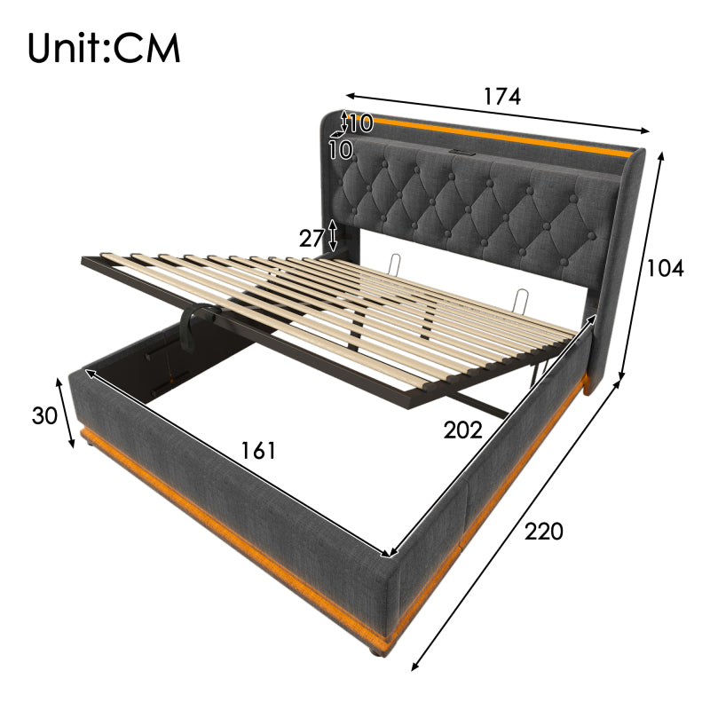 Polsterbett Doppelbett, 360-Surround-LED-Funktion, Drucktaste/App/Fernbedienung,160*200 cm,Grau Leinen-Material Hydraulisches Lagerbett, gepolstertes Kopfteil mit USB Typ-C Ladefunktion(Mit Matratze)