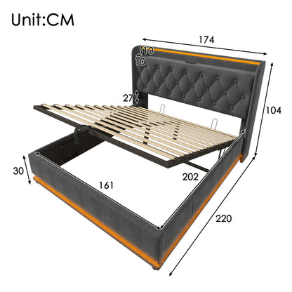 Polsterbett Doppelbett, 360-Surround-LED-Funktion, Drucktaste/App/Fernbedienung,160*200 cm,Grau Leinen-Material Hydraulisches Lagerbett, gepolstertes Kopfteil mit USB Typ-C Ladefunktion(Mit Matratze)
