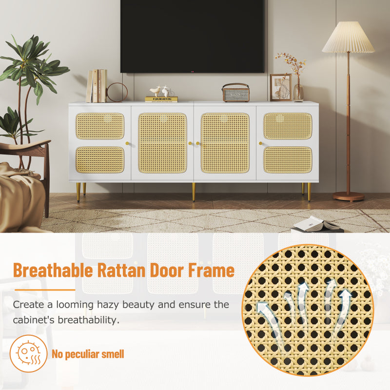 Eleganter Weißer Rattan-TV-Schrank 180x40x72 cm - Mit 4 Rattantüren, Höhenverstellbaren Regalen und Kabelmanagement, Für bis zu 80 Zoll Fernseher,TV-Schränke,Lowboards