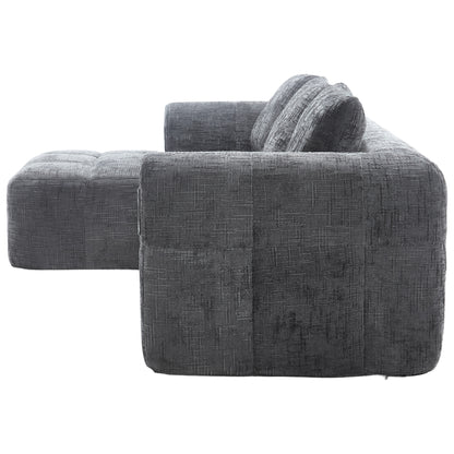 Modernes Sektionssofa, L-Sofa, 3-Sitzer-Sofa, keine Installation erforderlich, Chenille-Sofa mit Chaiselongue und Armlehnen, 3 Kissen, Seitentasche für Fernbedienung, Grau