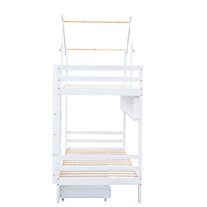 Etagenbett mit Schubladen und Regalen, Hausbett mit dreistufige rechtwinklige Leiter, Kinderbett mit Fallschutz und Gitter, Rahmen aus Kieferholz, Weiß (90x200cm)