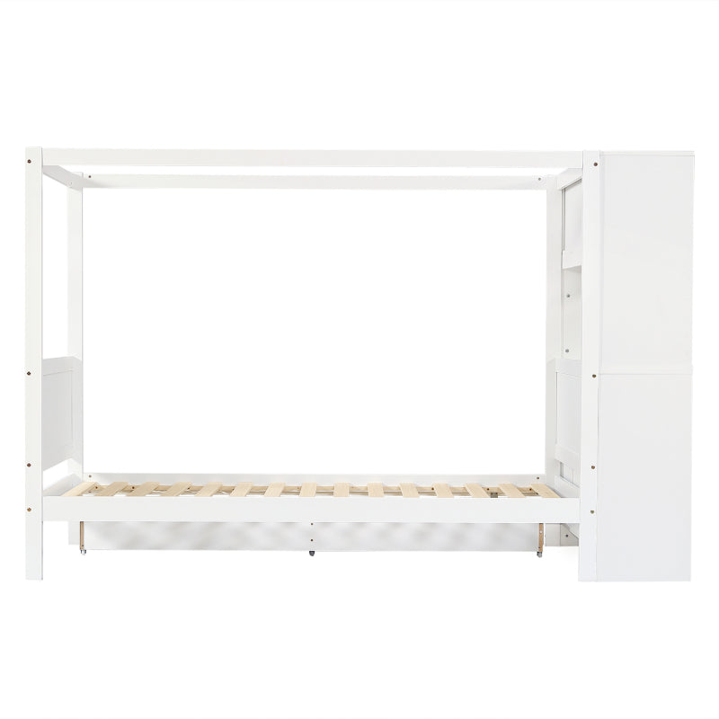 Einzelbett, Kinderbett mit Fallschutz und Gitter,  Holzbett mit Stauraum, Weiß+Natur,  90x200cm