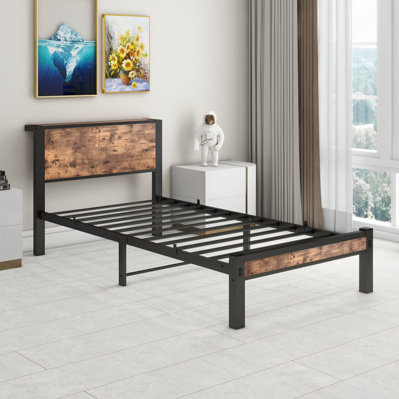 90x200 cm Metallgestell mit Stauraum-Kopfteil, Einzelnes Metall-Plattformbettgestell, Geräuschfrei, Metalluntergestell, Ohne Boxspring Notwendig, Vintage Braun