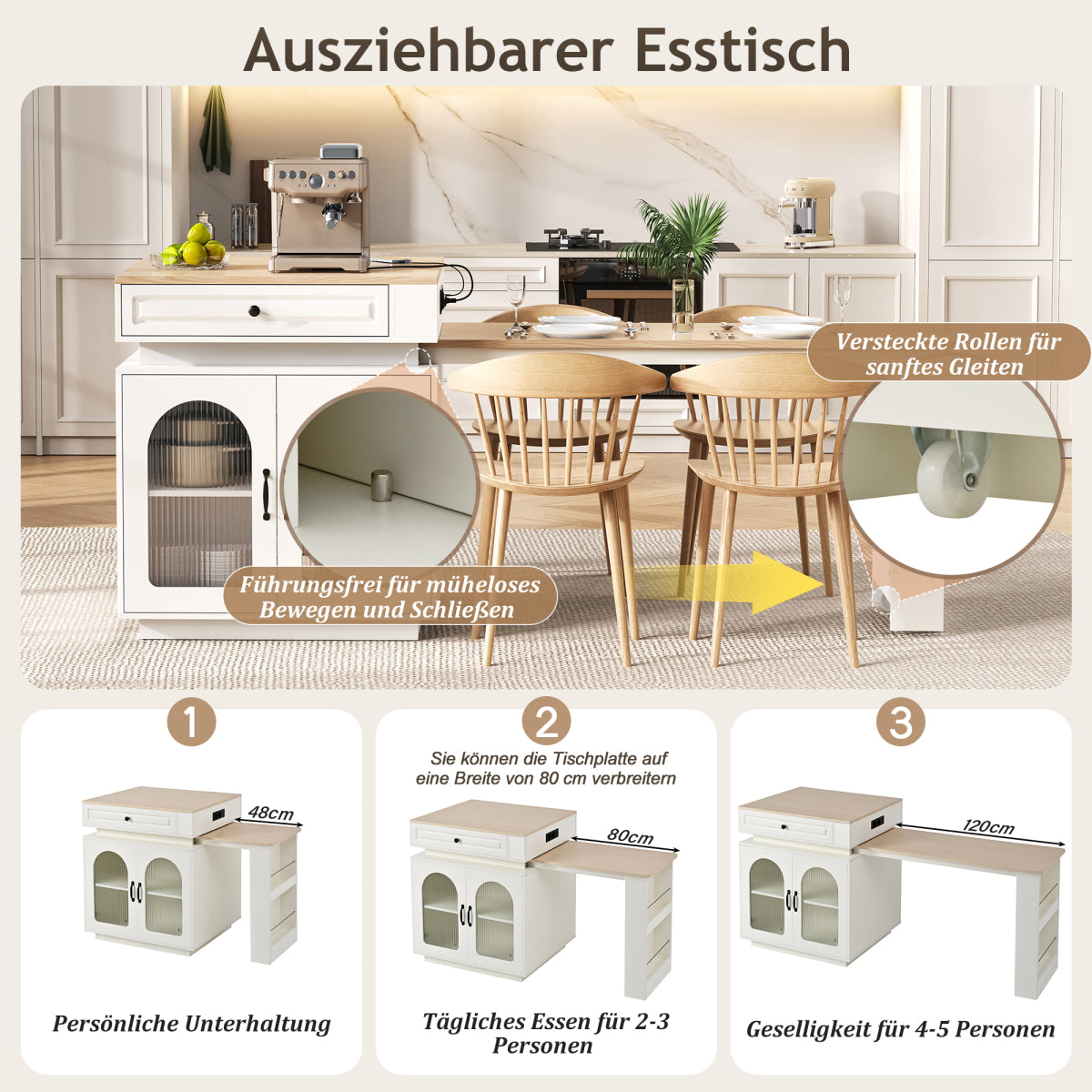 Kücheninsel mit Rollen, ausziehbarer Esstisch 128–200 cm mit LED & Steckdosen, Bartisch/Sideboard