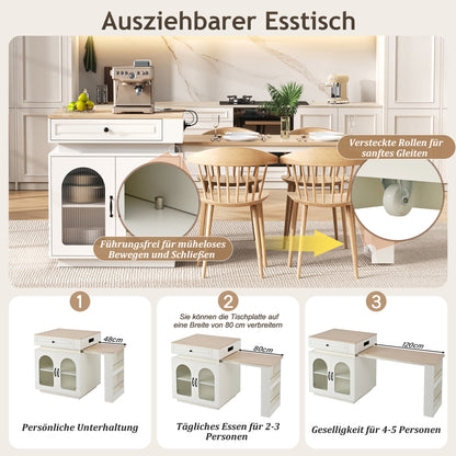 Kücheninsel mit Rollen, ausziehbarer Esstisch 128–200 cm mit LED & Steckdosen, Bartisch/Sideboard
