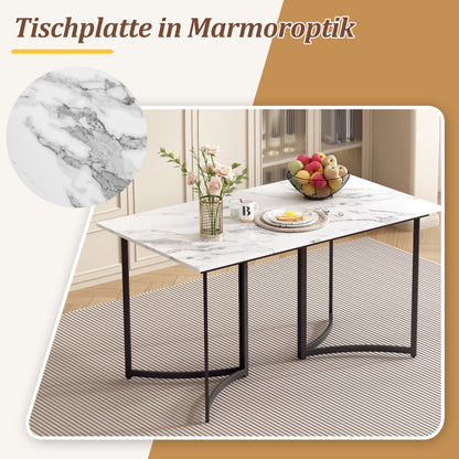 Moderner Esstisch weiß mit Marmoroptik und gebogenen Tischbeinen, verstellbare Füße für Esszimmer und Küche