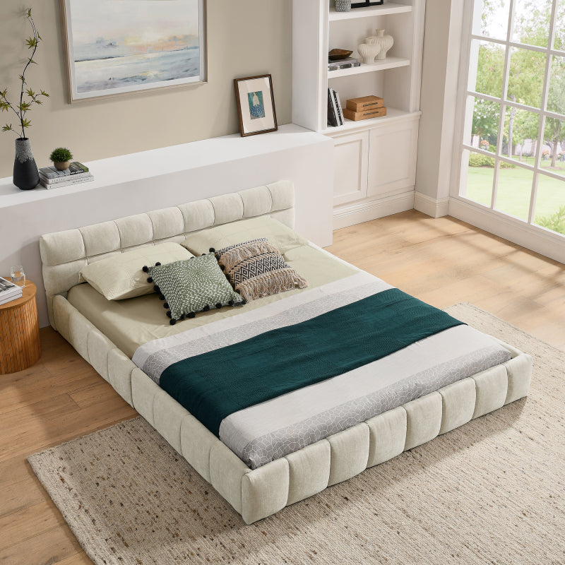 Doppelbett 140x200 cm, Bett mit seidig weichem Chenille - Bezug, quadratischem Steppdesign, Beige (ohne Matratze)