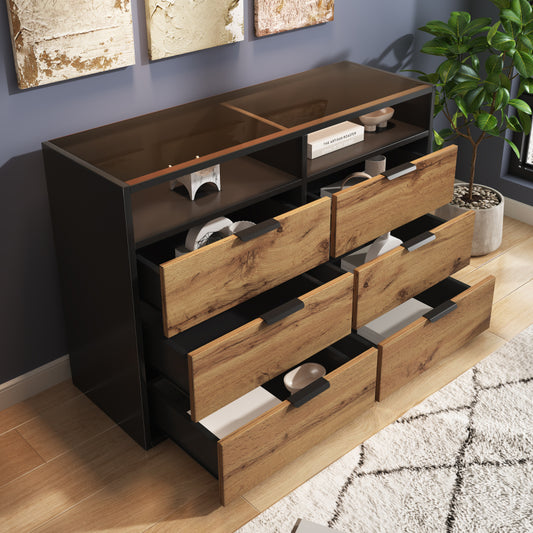 Kommode Sideboard aus Bernstein Glas, Sideboard mit Metallgriffen, Kommode mit 6 Schubladen und 2 Fächern , kippsicher, 120 x 40 x 80 cm, Eiche
