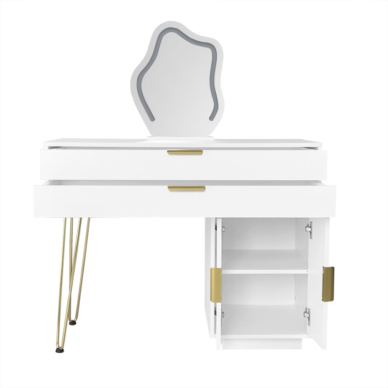 Schminktisch mit LED-beleuchtetem Spiegel, Weißes Schminktisch-Set mit ausziehbarem Design, moderner Kosmetiktisch für das Schlafzimmer  - Maße:B100/H78/T40 cm (ohne Hocker)