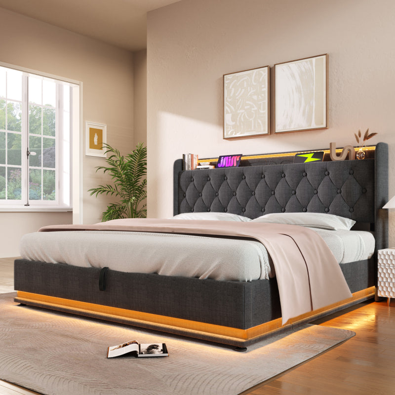 Polsterbett Doppelbett, 360-Surround-LED-Funktion, Drucktaste/App/Fernbedienung,160*200 cm,Grau Leinen-Material Hydraulisches Lagerbett, gepolstertes Kopfteil mit USB Typ-C Ladefunktion(Mit Matratze)