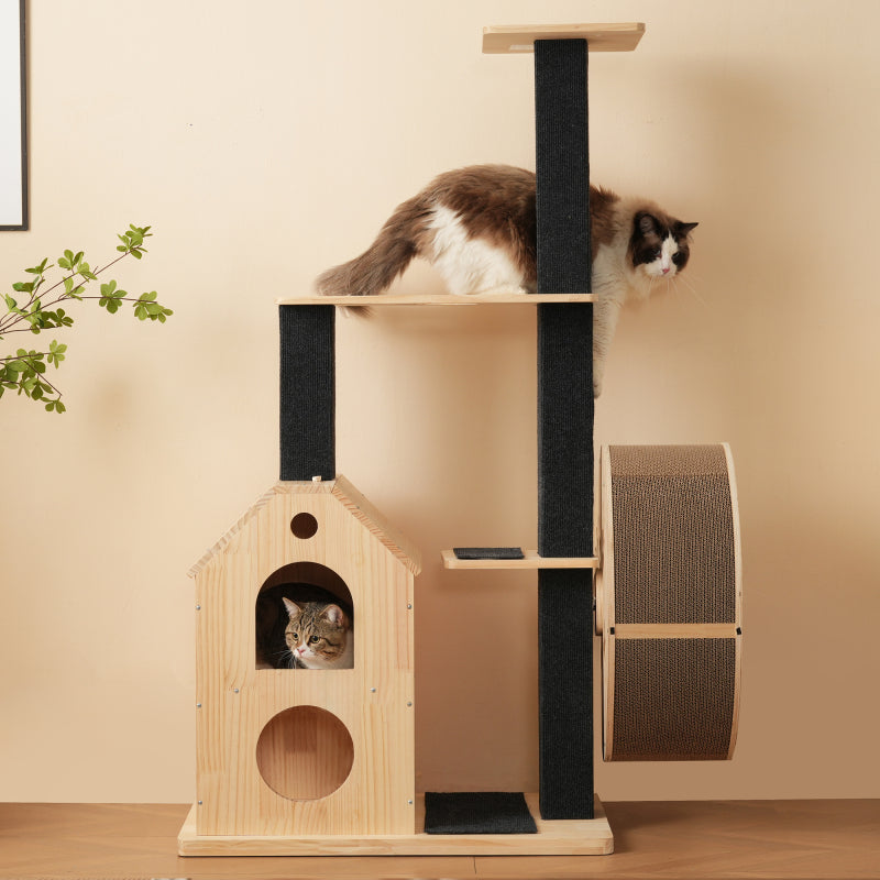 Katzenbaum aus Massivholz mit Laufrad mit 4 Plattformen, 2 Katzenhäusern, Sisalpfosten & waschbaren Kratzmatten, 80×40×152 cm