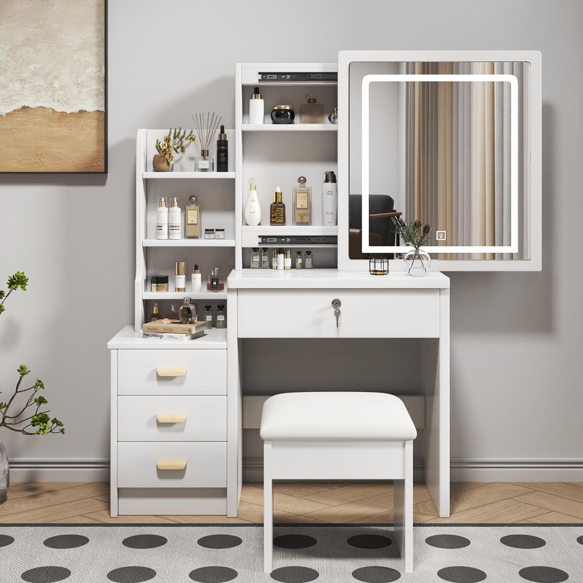 Luxus Schminktisch LED, 3 Lichtfarben, 4 Schubladen, inkl. Hocker, Weiß