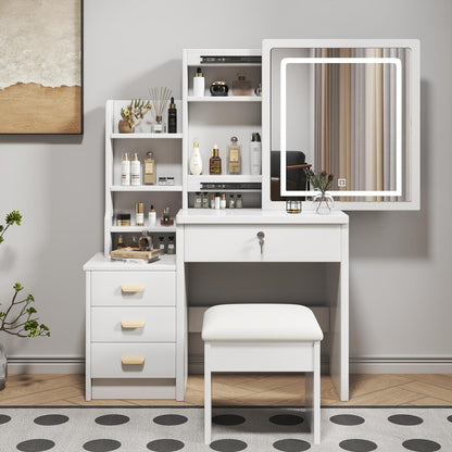 Luxus Schminktisch LED, 3 Lichtfarben, 4 Schubladen, inkl. Hocker, Weiß