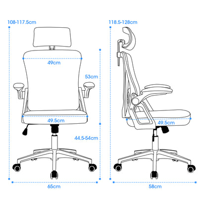 Ergonomischer Netz-Bürostuhl mit verstellbarer Lendenstütze und Kopfstütze – Hochlehner-Exekutive Schreibtischstuhl für Zuhause/Büro. Grau