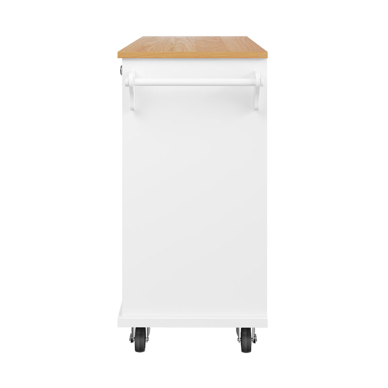 Esszimmerwagen (129 x 46 x 92 cm), modernes minimalistisches Weiß, mobiler Küchen-Esswagen mit Schubladen und Lagerschränken, hellbraune Holzarbeitsplatte, passend für moderne Wohnungen
