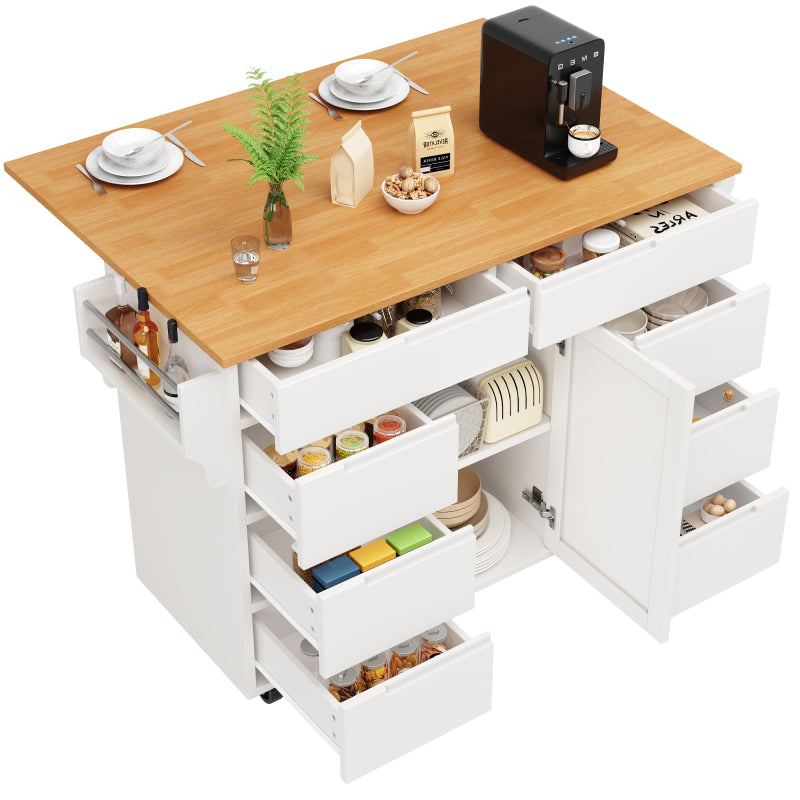 Moderne Kücheninsel, Küchenschrank, Ausziehbarer Küchenwagen mit Rollen und Arbeitsplatte, Servierwagen mit Gewürzregal und 8 Schubladen, weiß