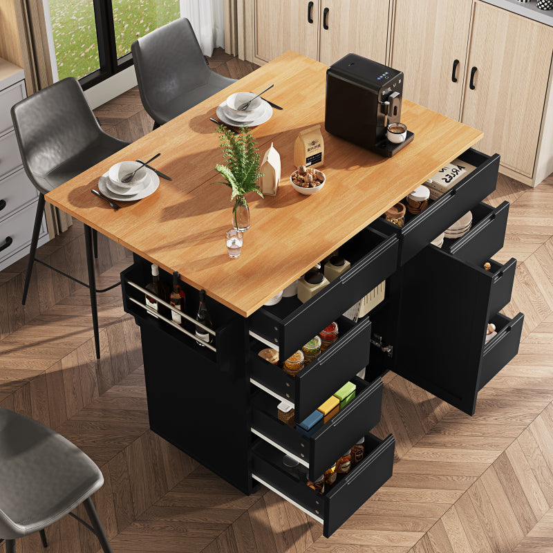 Moderne Kücheninsel, Küchenschrank, Ausziehbarer Küchenwagen mit Rollen und Arbeitsplatte, Servierwagen mit Gewürzregal und 8 Schubladen, Schwarz