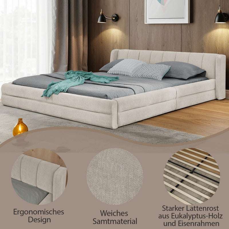 Doppelbett 140×200cm, Chenillestoff, komfortable Rückenlehne, robustes Eukalyptus- und Eisengestell, einfach zu montieren, Beige (ohne Matratze)