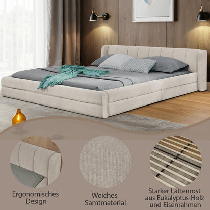 Doppelbett 140×200cm, Chenillestoff, komfortable Rückenlehne, robustes Eukalyptus- und Eisengestell, einfach zu montieren, Beige (ohne Matratze)